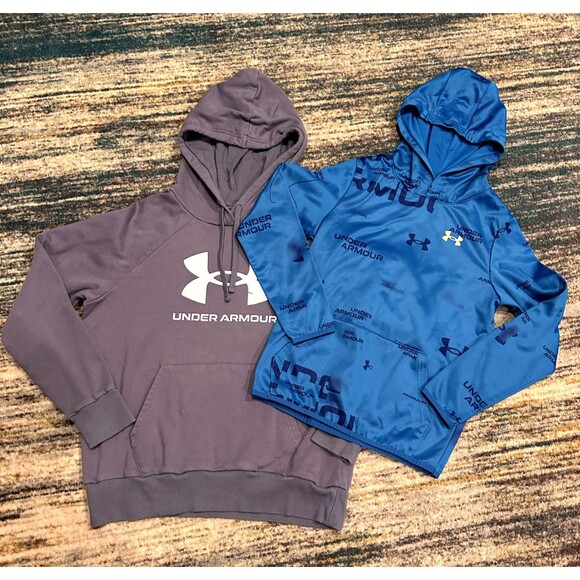 LOT (2) Under Armour Hoodie Youth MED Blue Grey Pullover Sweatshirt Girls - Picture 1 of 7